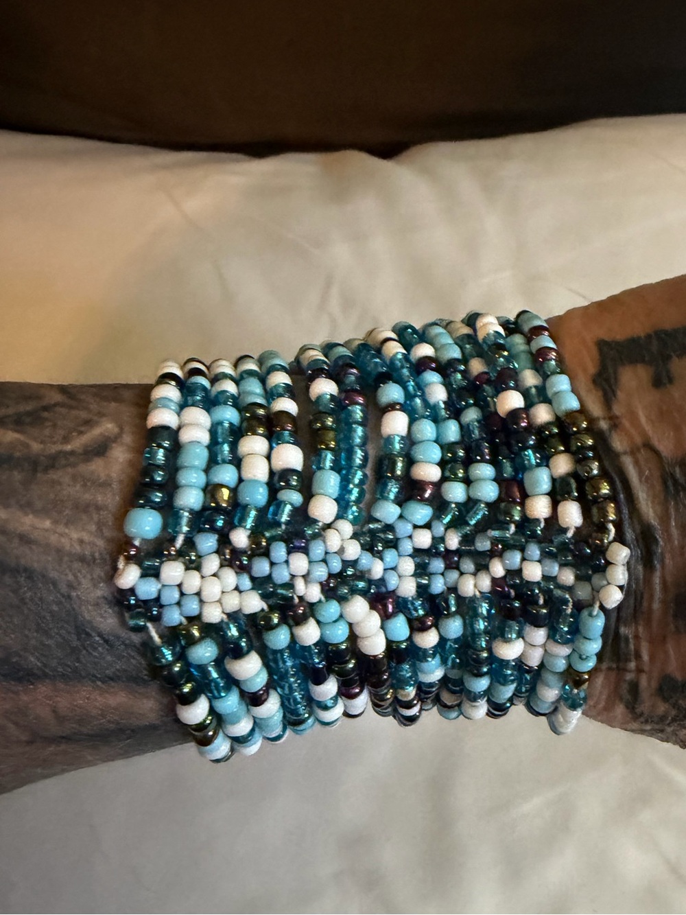 Hand Crafted Wide Beaded Multi-Strand Turquoise Colored Stretch Bracelet (Small)